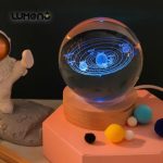 3D Crystal Galaxy Ball Night Lamp with Wooden Base (6cm) - Solar System - Moon - Earth - Heart Cloud - Crescent -Moon Walk