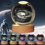 3D Crystal Galaxy Ball Night Lamp with Wooden Base (6cm) - Solar System - Moon - Earth - Heart Cloud - Crescent -Moon Walk - Image 2